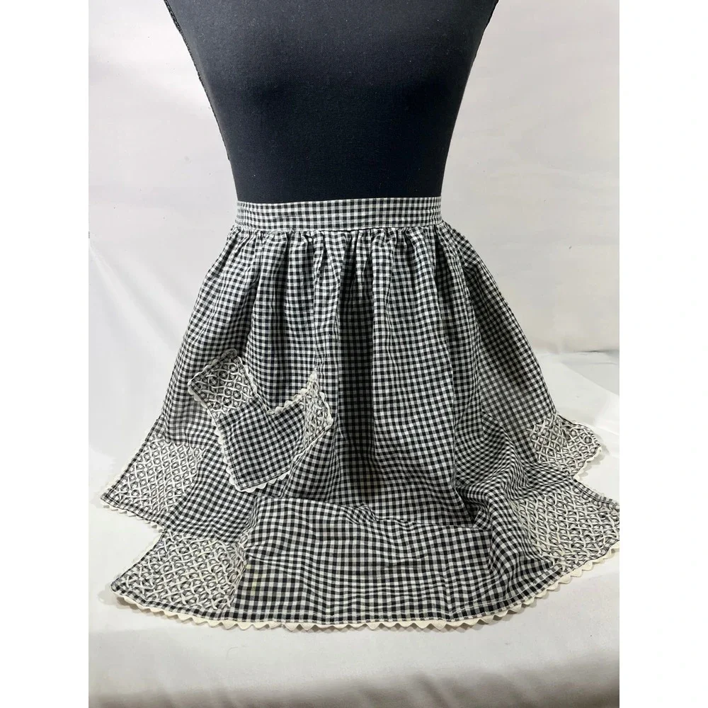 VTG Gingham 1/2 Apron Women Black White Chicken Scratch Embroidery Rickrack Trim